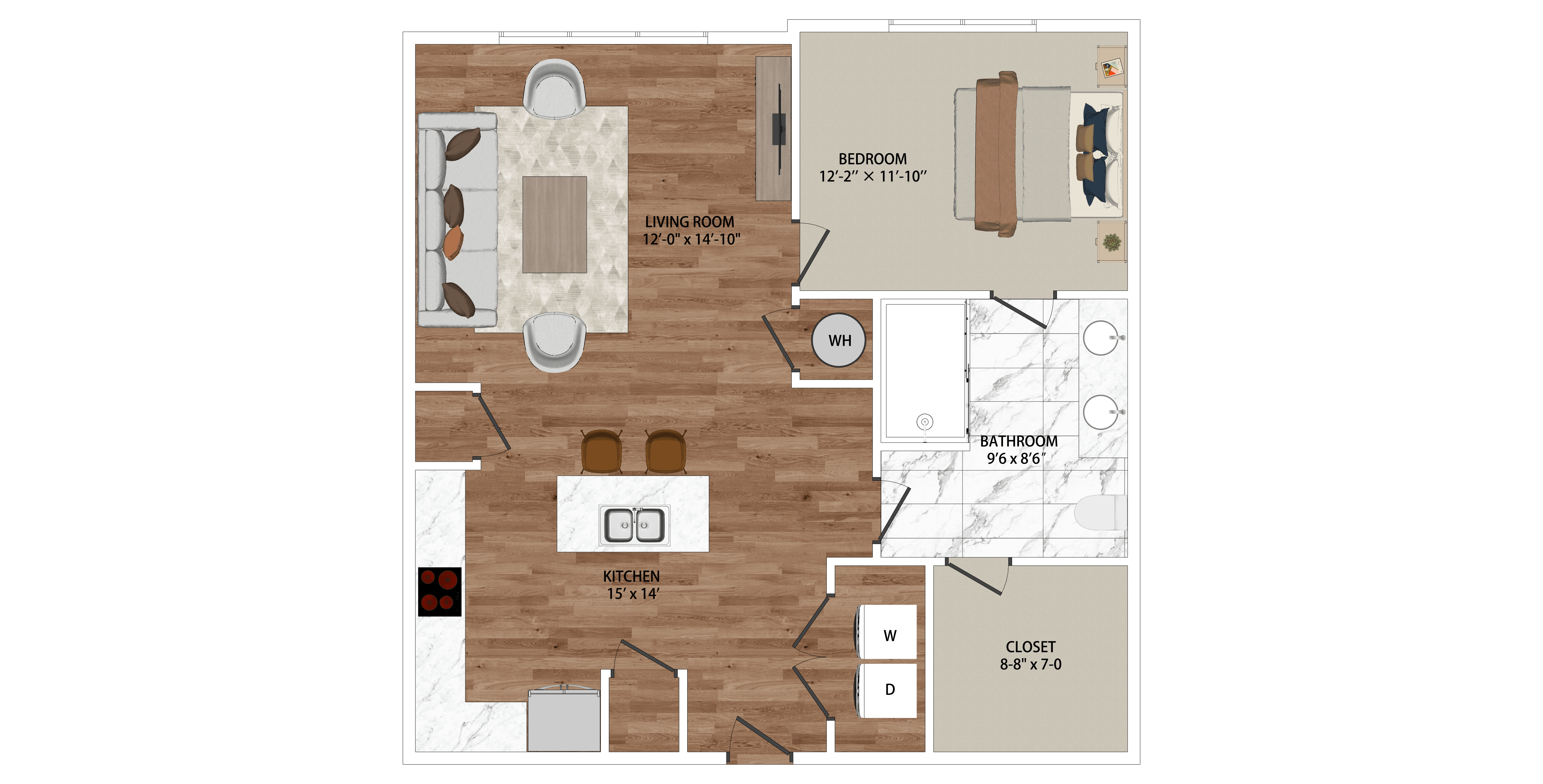 Floor plan for 1 bed, 1 bath, 718 sqft